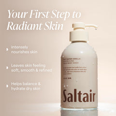 Saltair Salt Water Vanilla bottle close-up highlights soothing aroma and premium packaging.
