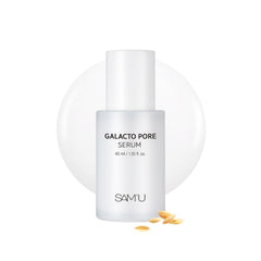 SAM'U Galacto Pore Serum bottle close-up, highlighting pore-minimizing formula.