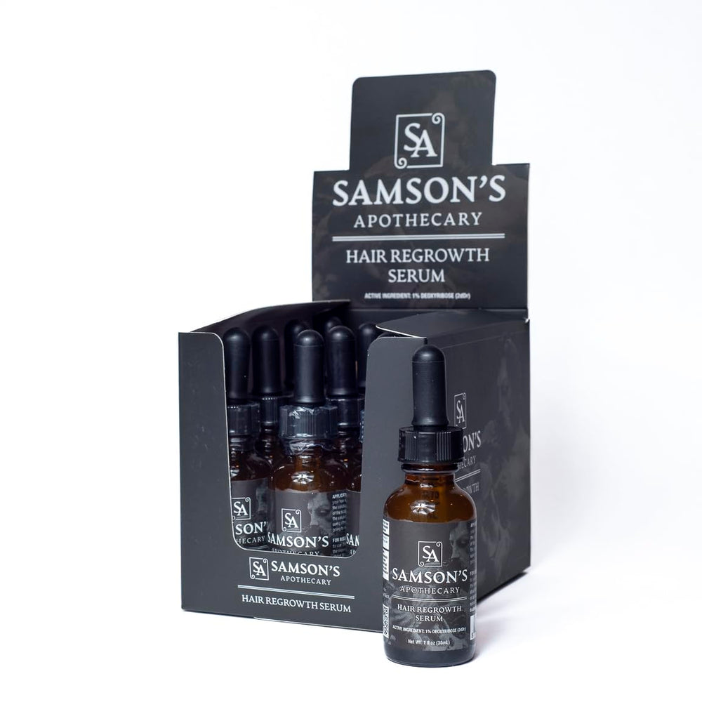 Samson's Apothecary Hair Regrowth Serum bottle closeup shows a non-greasy formula for daily use