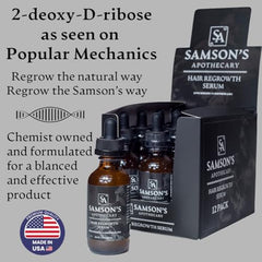 Samson & Son's Hair Regrowth Serum dropper application demonstrates precise dosing for scalp care.