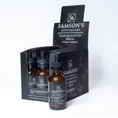 Samson & Son's Hair Regrowth Serum label closeup shows clear ingredients and usage guidance.