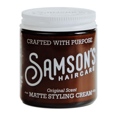 SAMSON'S HAIRCARE Matte Styling Cream bottle showing a natural matte finish for everyday looks.