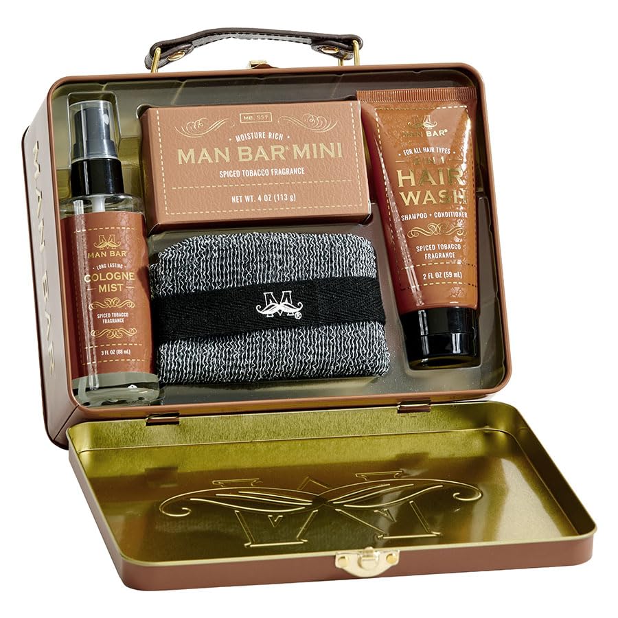 San Francisco Soap Company travel kit in spiced tobacco tin for on-the-go grooming.