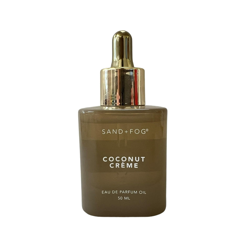 Sand + Fog Coconut Creme EDP Oil bottle pour for long-lasting tropical coconut scent on pulse points