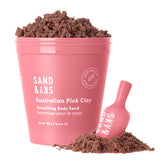 Sand & Sky pink clay body scrub in a jar, detoxifying and smoothing skin.