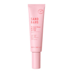 Sand & Sky Tinted Glow Primer SPF 30 bottle shows rosy glow and daily hydration