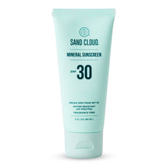 Sand Cloud broad-spectrum mineral sunscreen bottle offers fragrance-free sun protection