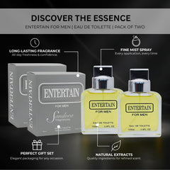 Sandora Fragrances Entertain for Men duo base-notes emphasizing warm woods and musk for depth.