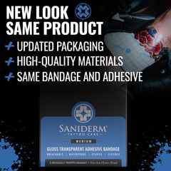 Saniderm tattoo aftercare bandage in use to reduce irritation and scabbing.