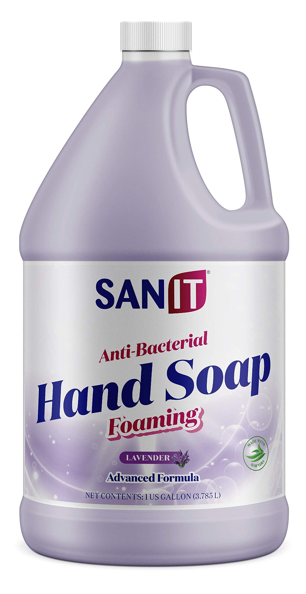 Sanit lavender foaming bottle label highlights ingredients and scent