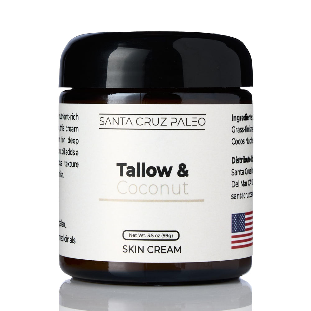 Santa Cruz Paleo beef tallow coconut moisturizer, jar close-up, for soft, nourished skin.