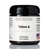 Santa Cruz Paleo beef tallow coconut moisturizer, jar close-up, for soft, nourished skin.