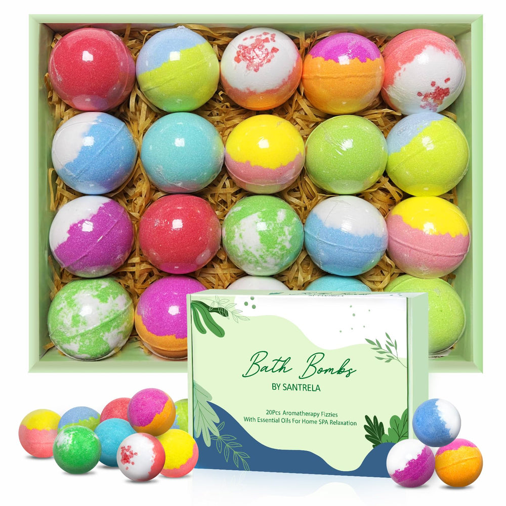 Santrela bath bombs gift set with colorful wrappers for luxurious at-home spa moments.
