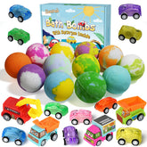 Santrela bath bombs with cars inside spark imaginative play during bath time.
