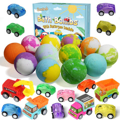 Santrela bath bombs with cars inside spark imaginative play during bath time.