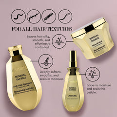 Saphira Mineral DeFrizz Mud packet illustrates mineral-rich formula for hair nourishment.