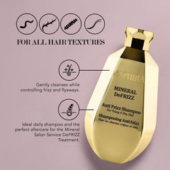 Saphira Mineral DeFrizz Shamopo bottle back with usage tips and mineral blend highlights
