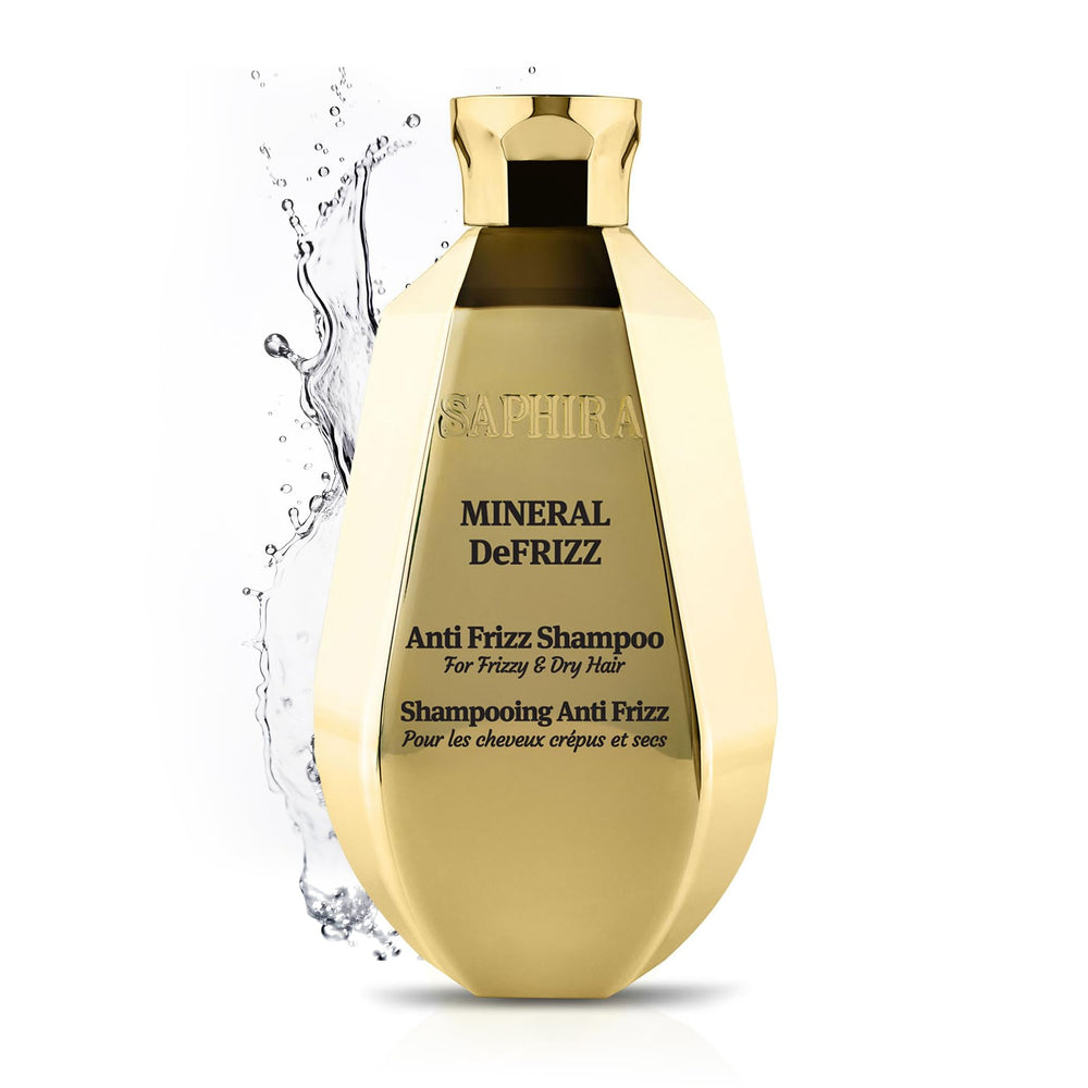 Saphira Mineral DeFrizz Shamopo bottle front showing frizz control on humid days