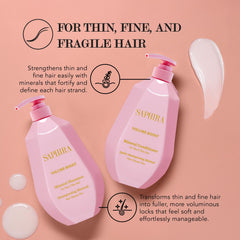 Saphira Volume Boost Shampoo 1L label close-up highlights a clean, refreshing formula for daily use.