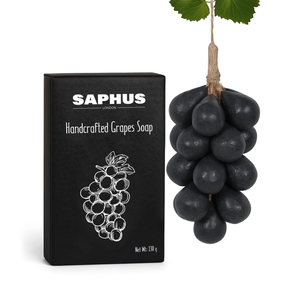 SAPHUS grape-shaped soap bar closeup showing handcrafted detail and creamy lather.