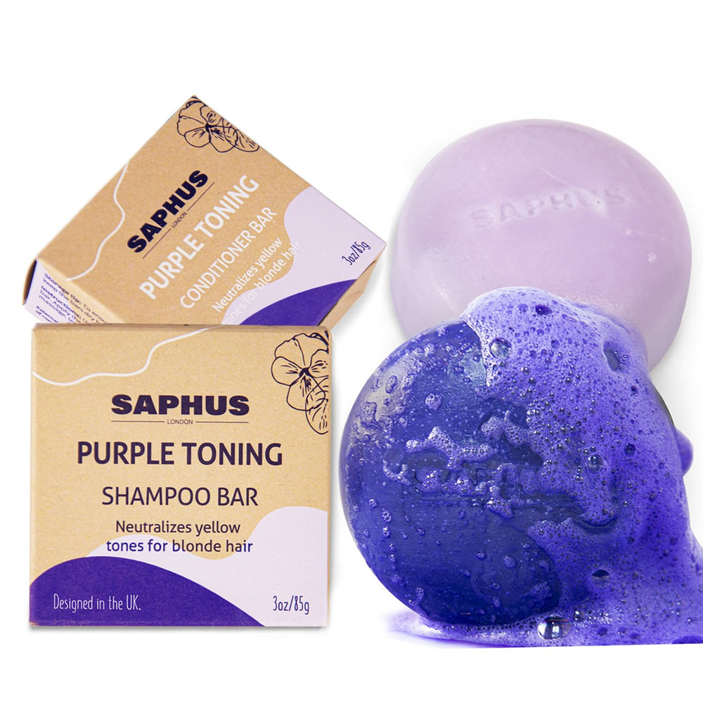 SAPHUS purple shampoo bar closeup for brassy tones neutralization and bright blonde results.