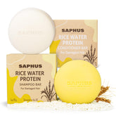 SAPHUS Rice Water Shampoo Bar close-up showing rich lather for stronger hair.