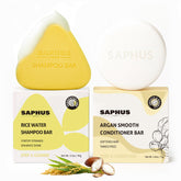 SAPHUS Rice Water Shampoo Bar showing foamy lather for gentle cleansing.
