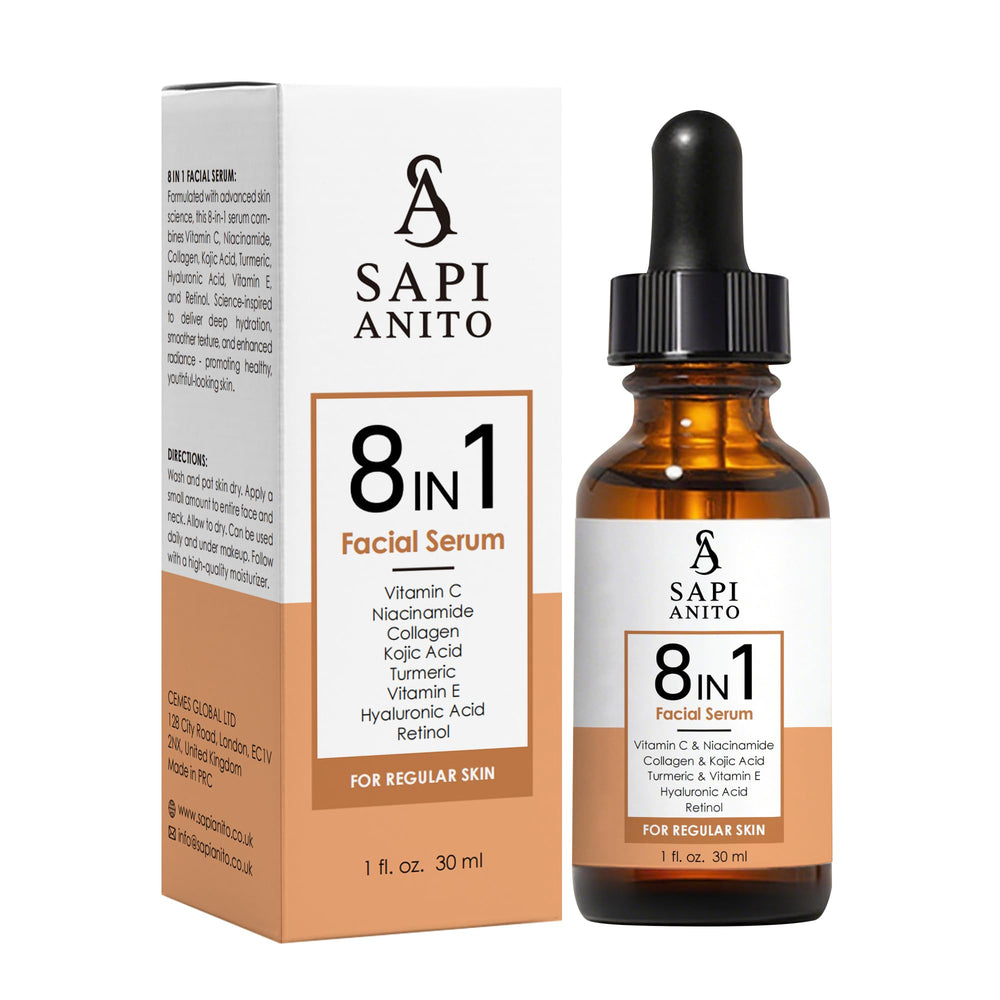 Sapi Anito 8-in-1 serum bottle close-up showing a clear, lightweight formula for daily hydration