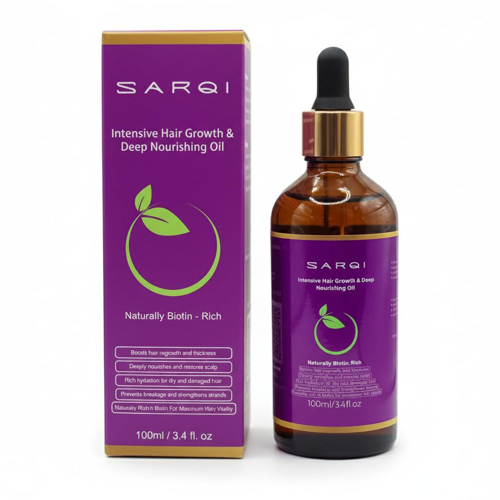 SARQI Hair Growth Oil bottle on white background promotes healthier roots