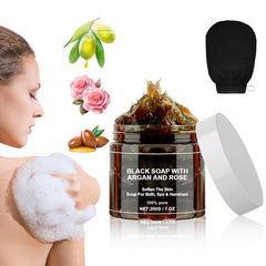 Satasiam Morocco Black Soap bar with argan and rose for deep cleansing and exfoliation.