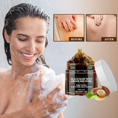 Satasiam Morocco Black Soap foamy lather highlighting hydration and purification.