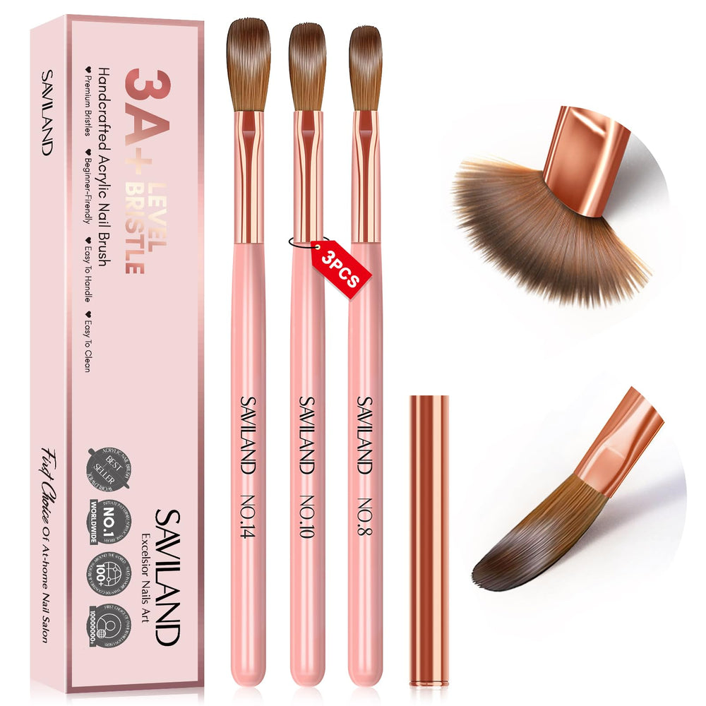 Saviland 3 piece acrylic brush set with pink handles for precise nail application