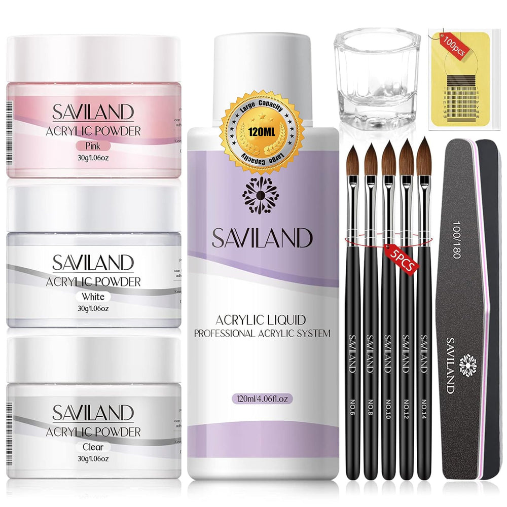 SAVILAND acrylic liquid 120ml bottle highlighting large capacity for multiple nail applications.