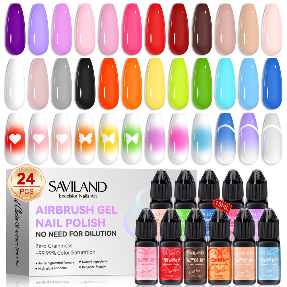 SAVILAND 24-color airbrush gel nail polish bottle closeup for vivid color control.