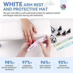SAVILAND arm rest with white protective table mat enhances salon cleanliness and durability.