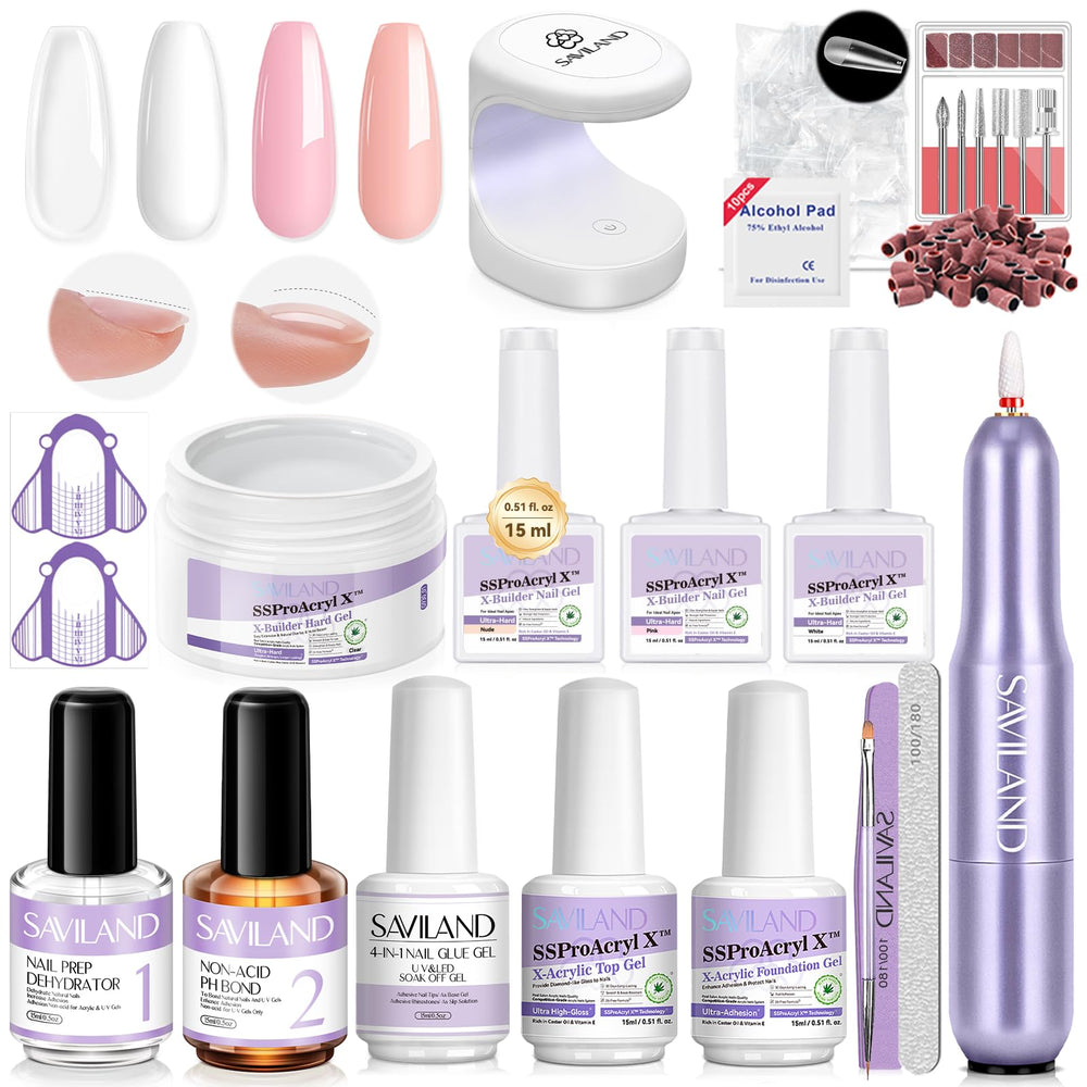 SAVILAND Builder Nail Gel Kit with UV lamp on a manicured hand for salon-grade durability.