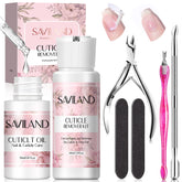 Saviland cuticle remover kit bottle closeup for salon-quality softening at home.