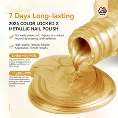 SAVILAND Gold polish swatch reveals rich mirror gold hue ideal for bold nail art.