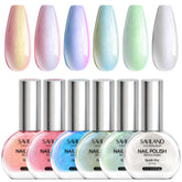 SAVILAND Pearlescent Nail Polish Set in Aurora Blue bottle showing vibrant color and glow.