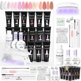 SAVILAND poly extension gel kit collection showing 15 sheer colors for versatile looks.