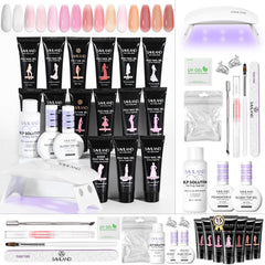 SAVILAND poly extension gel kit collection showing 15 sheer colors for versatile looks.