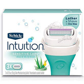 Schick Intuition Sensitive Care refills pack shot highlighting Aloe moisturization for sensitive skin