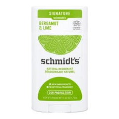 Schmidt's Bergamot and Lime deodorant stick for all-day freshness with aluminum-free vegan formula.