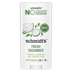 Schmidt's Fresh Cucumber deodorant stick application for all-day odor protection.