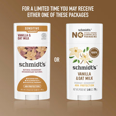 Schmidt's Vanilla Oat Milk ingredients show natural botanicals for gentle odor protection.
