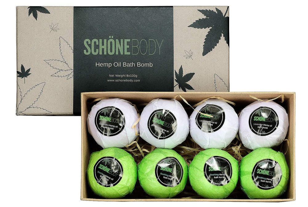 Schone Body 8-pack hemp bath bombs for at-home spa relaxation.