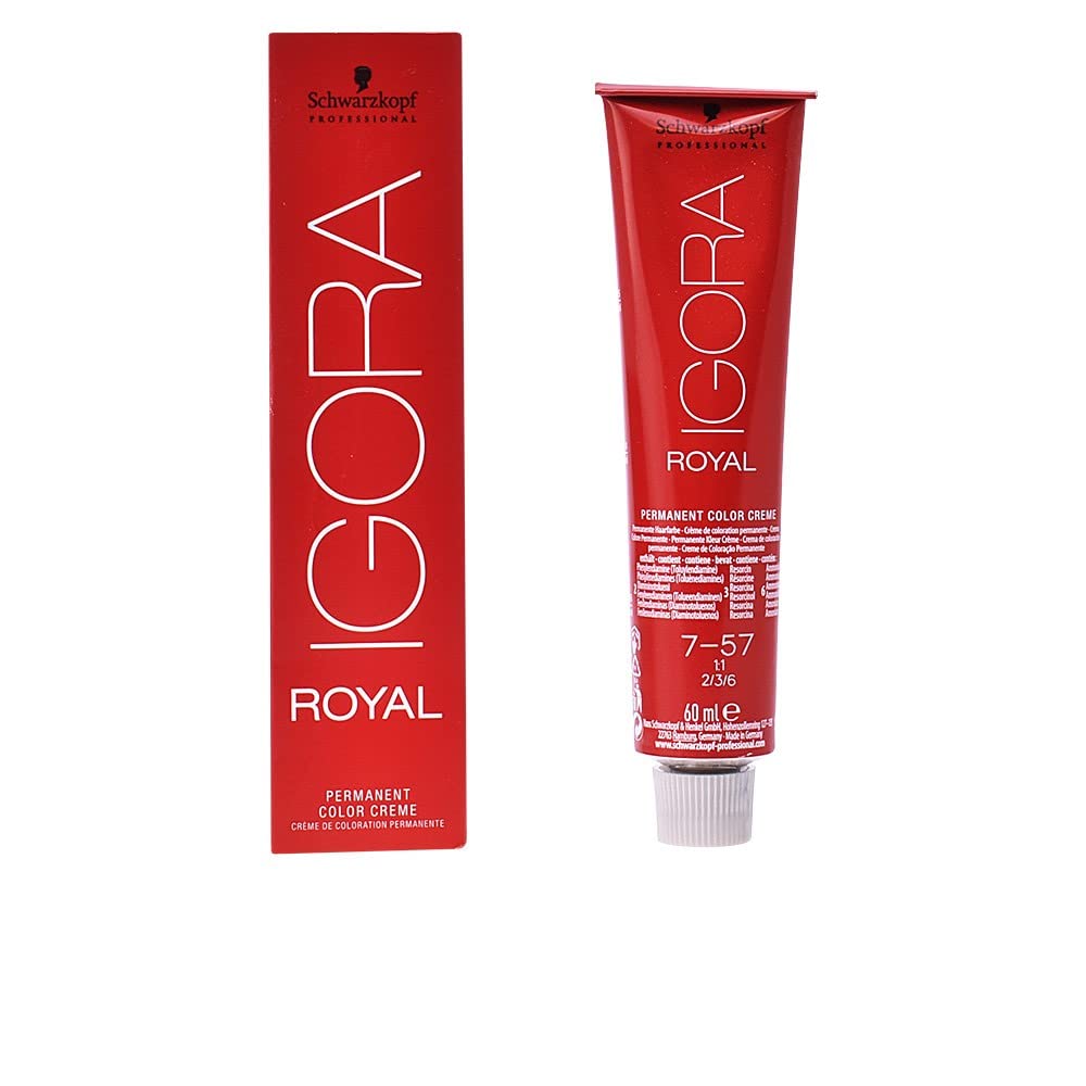 Schwarzkopf Igora Royal 7-57 bottle showing long-lasting medium blonde gold copper color