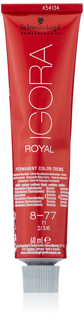 Schwarzkopf ROYAL IGORA 8-77 bottle and box showcase salon-grade color.