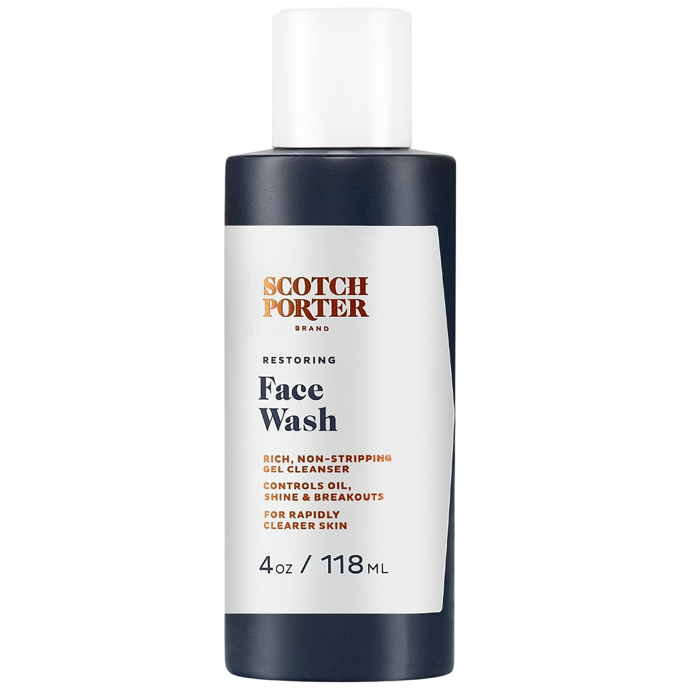 Scotch Porter Restoring Face Wash bottle close-up showing gentle foaming cleanse