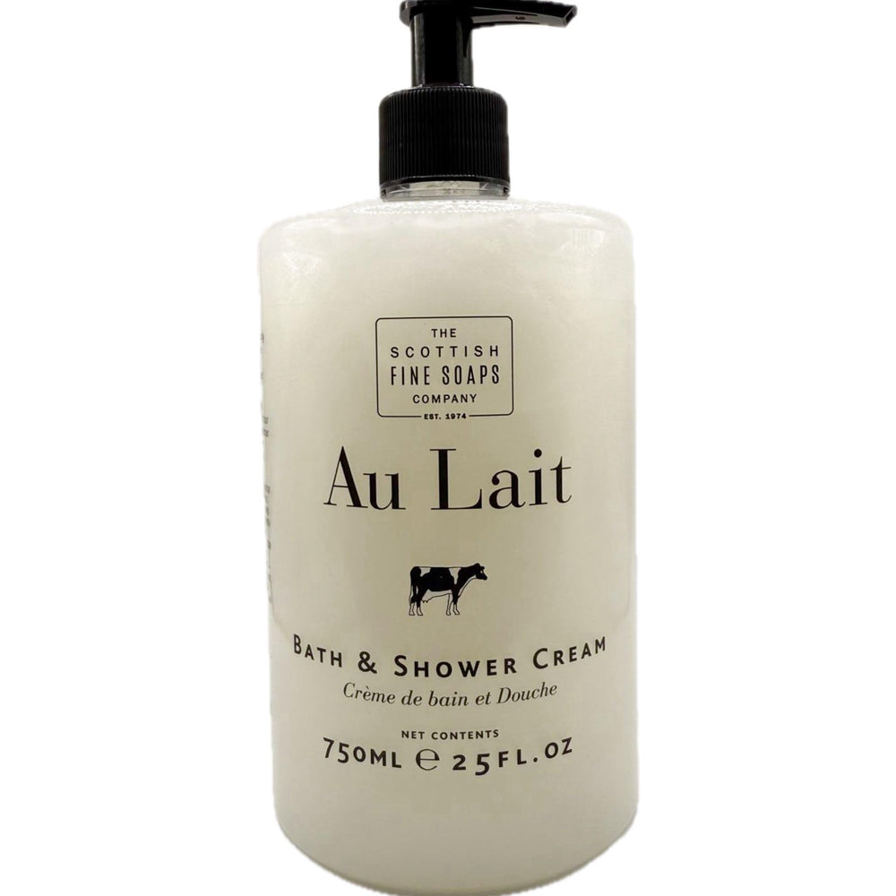 Scottish Fine Soaps Au Lait bath cream bottle with pump, premium packaging.